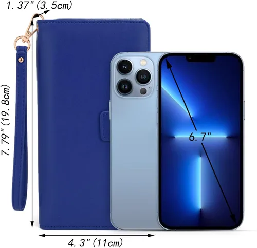 Vista 6 de UTO Cartera de pulsera para mujer desmontable para chequera, tarjeta, billetes, teléfono, organizador grande, 1085 azul, Grande, Moderno