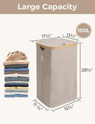 Vista 2 de StorageWorks Cesta grande para ropa sucia de 100 litros con tapa, cesta alta para ropa con asas de bambú y 2 bolsas interiores extraíbles, cestas