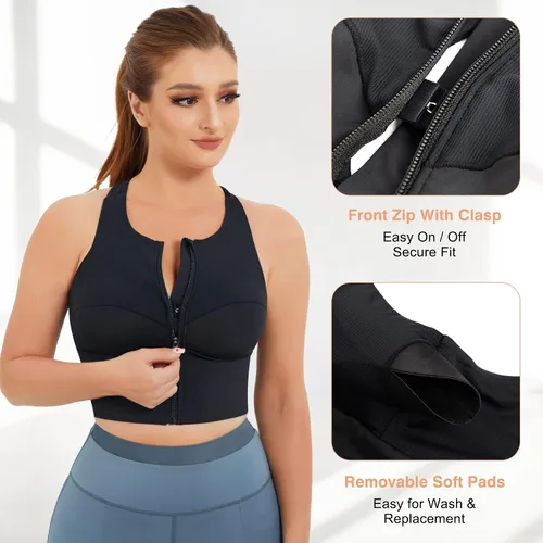 Vista 2 de CYDREAM Sujetador deportivo con cremallera frontal para mujer, sin mangas, con relleno, para yoga, correr, espalda cruzada, entrenamiento, fitness