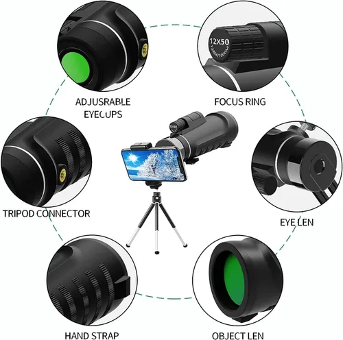 Vista 2 de Telescopio monocular de 16 x 52 pulgadas, telescopio monocular de alta potencia con trípode para teléfono inteligente, bolsa portátil, ideal