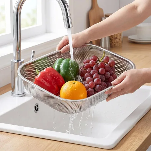 Vista 5 de Cedilis Paquete de 2 coladores grandes de acero inoxidable, cesta de lavado de verduras de malla de 6 cuartos de galón, cesta escurridor rectangular