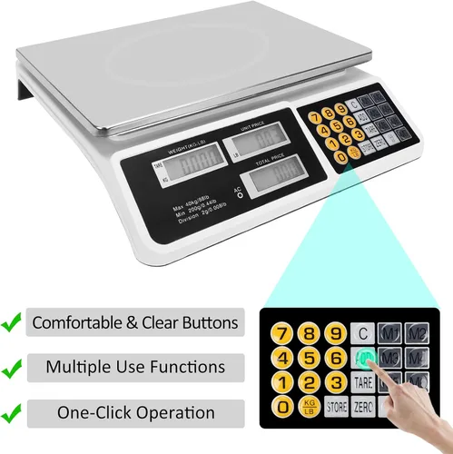 Vista 4 de Báscula computadora de precios 88 lb/40 kg LCD digital báscula de precios comercial con plataforma de acero inoxidable, báscula de productos