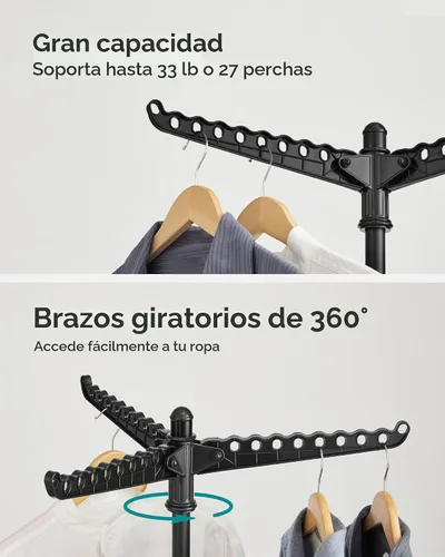 Vista 4 de SONGMICS Tendedero de secado de ropa, 61.6 pulgadas, 3 brazos giratorios Negro