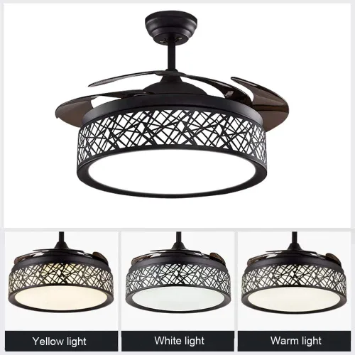Vista 5 de Ventilador de techo invisible de 42 pulgadas con luz y control remoto, acabado negro, aspas retráctiles, ventiladores con luces LED, 3 cambios