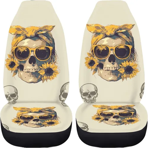 Vista 5 de Mumeson Fundas protectoras de asiento delantero de automóvil con estampado de calavera y girasol, fundas elásticas para asiento de automóvil, 2