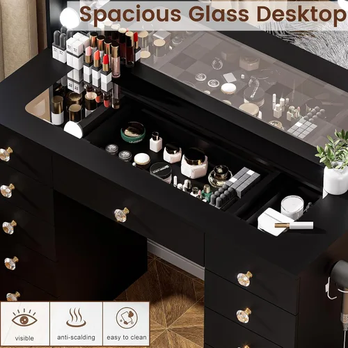 Vista 5 de DINGIPP Tocador de 42.1 pulgadas con espejo grande y 10 luces LED, escritorio de tocador con tope de cristal, 11 cajones con asas de cristal