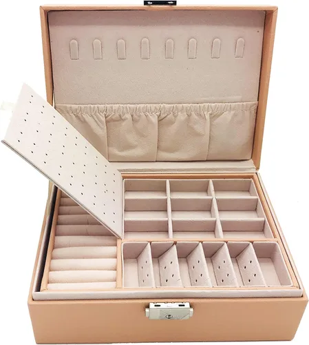Vista 2 de PACEKONER Joyero organizador, caja de almacenamiento de joyería de 2 capas con cerradura y llave, estuche de joyería para mujeres y niñas (rosa)