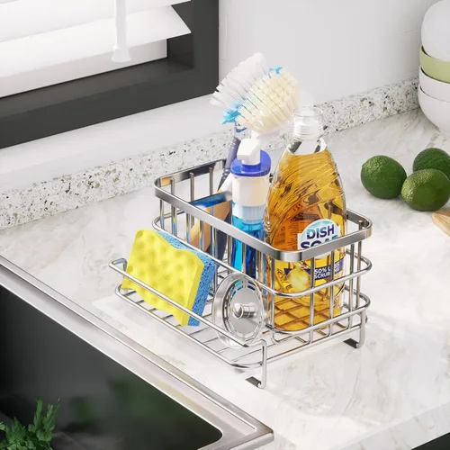 Vista 5 de HapiRm Organizador de Fregadero de Cocina, Acero Inoxidable SUS304 Antióxido Multifuncional Caddy Grande para Fregadero con Portaesponjas y Bandeja