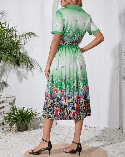 Vista 3 de VERWIN solapa manga tres cuartos hasta la rodilla plisado floral vestido de mujer