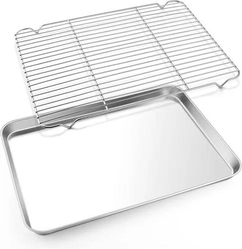 Vista 8 de E-far Bandeja pequeña de metal para horno tostador con juego de estante, bandeja para hornear de 9.4 x 7.3 pulgadas con rejilla de enfriamiento
