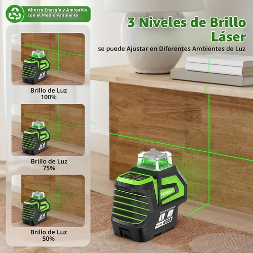 Vista 5 de Huepar Línea cruzada de nivel láser verde autonivelante con 2 puntos de plomada herramienta láser -360 línea horizontal más haz vertical con trípode