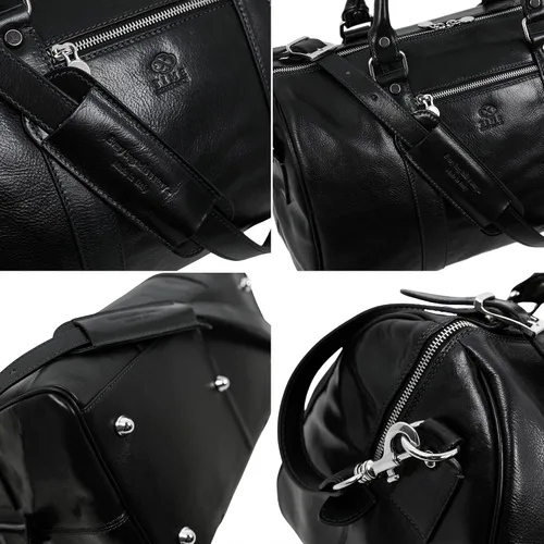 Vista 5 de Time Resistance Bolsa de lona pequeña de cuero de grano completo - Bolsa de noche de fin de semana de gimnasio (negro)
