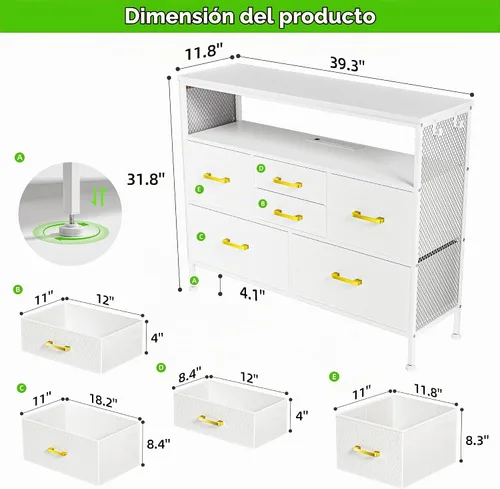 Vista 3 de Cómoda blanca YILQQPER para dormitorio, soporte de TV con 6 cajones, cómoda de dormitorio con enchufes de corriente y luz LED, cómodas de tela