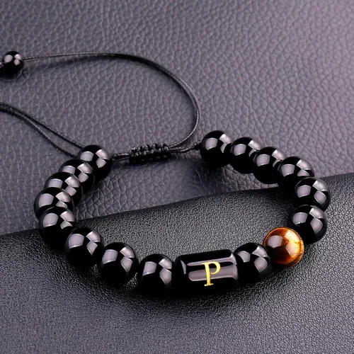 Vista 81 de SUMMER LOVE Regalos para el Día del Padre, pulsera con inicial de piedra de ónix negro de 0.394 pulgadas para hombres, pulsera de cuerda trenzada