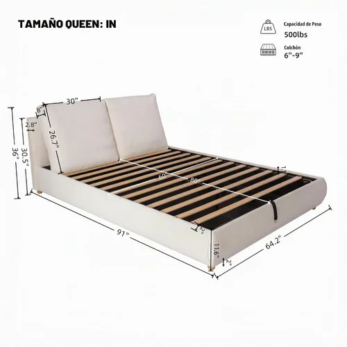 Vista 2 de Harper & Bright Designs Cama de plataforma de almacenamiento hidráulica de tamaño Queen con cabecero, lujoso marco de cama tapizado Boucle con 2
