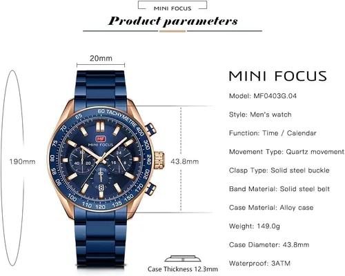 Vista 6 de Mens Watches Chronograph Analog Quartz Business Dress Stainless Steel Casual Blue Wrist Watch Date Waterproof Reloj De Hombre Luminous Multifunction