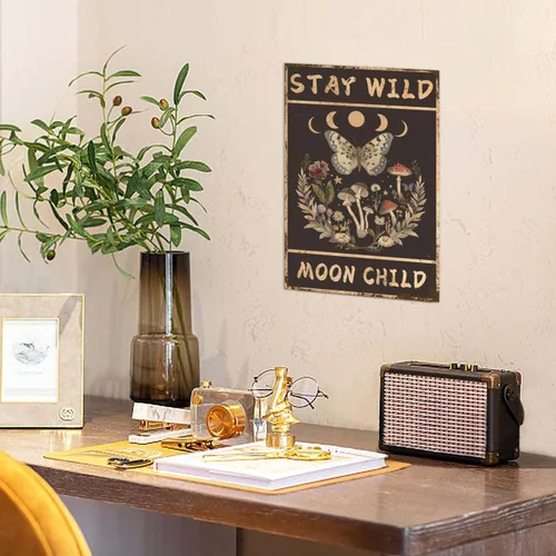 Vista 6 de Decoración de hongos retro con diseño de luna salvaje, letrero de metal para baño, póster de hojalata hippie para regalos, baño, sala de estar, 8 x