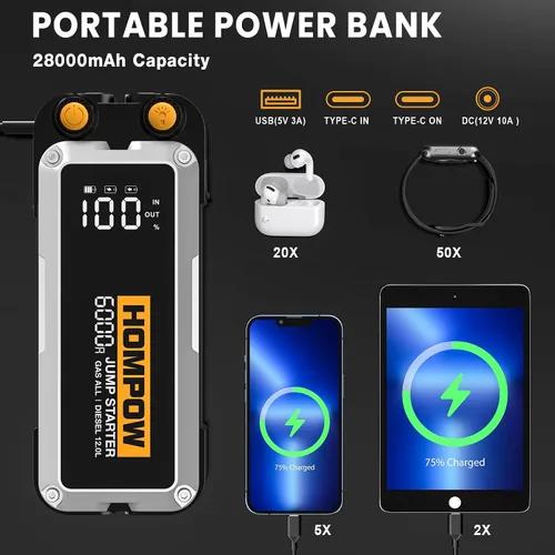 Vista 5 de HOMPOW 6000A Arrancador de Coche Portátil, Paquete de Batería de Arranque de Coche para Todos los Motores de Gasolina y hasta 12L de Motor Diésel