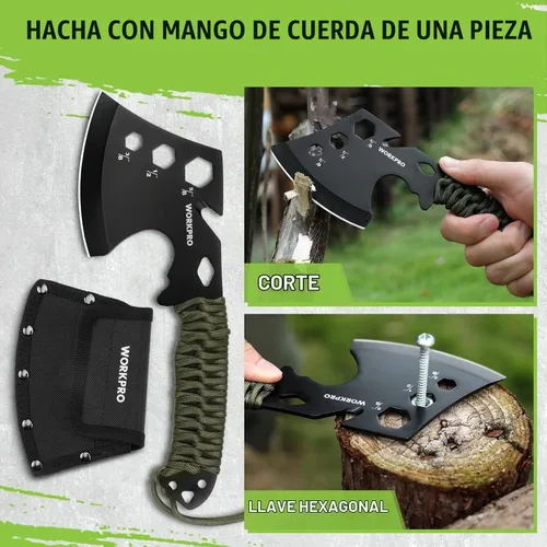 Vista 2 de WORKPRO Hacha de camping y machete con funda, hacha de campamento y cuchillos de hoja fija con mango de paracord, linterna frontal, pedernal, juego