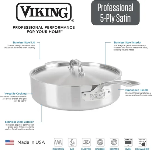 Vista 2 de Viking Culinary Professional - Sartén de acero inoxidable de 5 capas, 3.4 cuartos de galón, color plateado