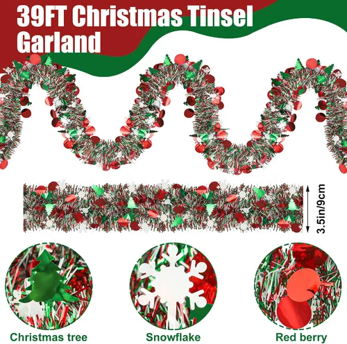 Vista 2 de Guirnalda de oropel de Navidad de 39 pies para decoración de árbol de Navidad, guirnalda metálica con purpurina y copo de nieve para colgar