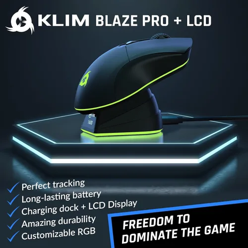 Vista 2 de KLIM Blaze Pro - Mouse inalámbrico recargable para juegos con base de carga RGB y pantalla LCD, nueva versión, sensor de alta precisión y batería