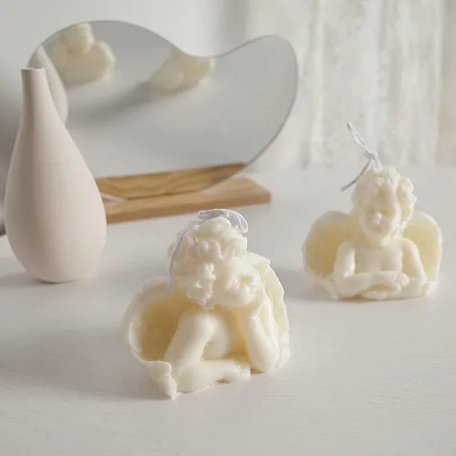 Vista 4 de Angel - Paquete de 2 velas estéticas talladas a mano con aroma de soja para decoración del hogar (blanco leche)