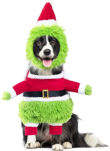 Vista 11 de NACOCO Dog Christmas Furry Costume - Xmas Halloween Dog Cosplay Clothes with Cape Hat Green Monster Funny Uniform Santa Outfits Party Favors Apparel