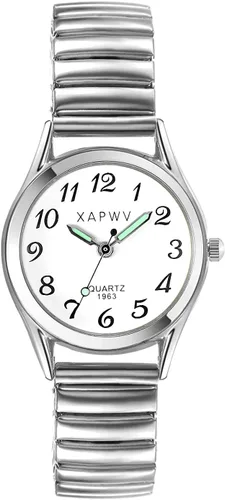 Vista 24 de JewelryWe Reloj de lectura fácil ultrafino para mujer con correa elástica de tono dorado/plateado