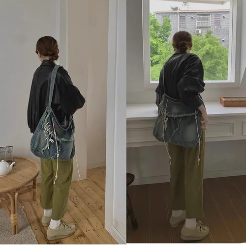 Vista 7 de Ruofuna Bolso cruzado de mezclilla grande vintage para mujer, bolso de hombro con cremallera, bolso de mensajero casual para la escuela