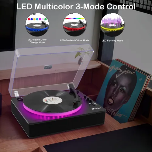 Vista 4 de LP&No.1 - Tocadiscos con altavoces estéreo incorporados, control LED, tocadiscos de vinilo de 3 velocidades con transmisión por correa