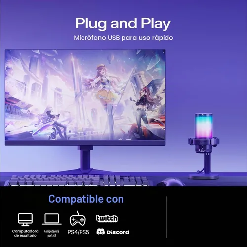 Vista 9 de MAONO USB Gaming Microphone for PC, Noise Cancellation Condenser Mic with RGB Lights, Mute, Gain for Streaming, Recording, Podcast, Chat, Twitch