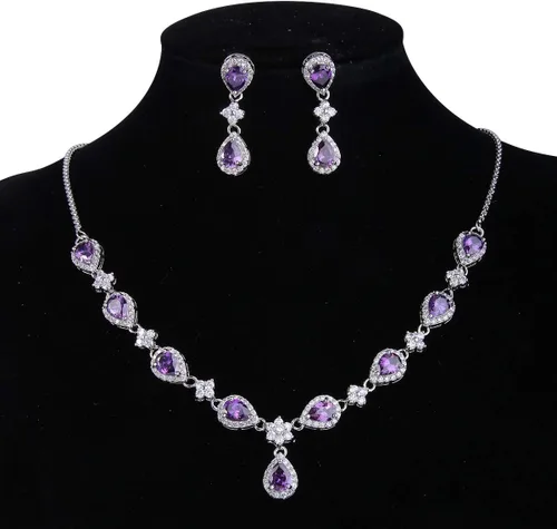 Vista 5 de EleQueen, juego nupcial de collar en V, pulsera tenis y aretes colgantes, con circonia cúbica, flor y lágrima, tono plateado, para mujer
