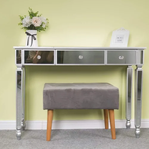 Vista 2 de Mesa de consola espejada, mesa de tocador de maquillaje con espejo de vidrio plateado para mujer, escritorio de escritura para el hogar, sala