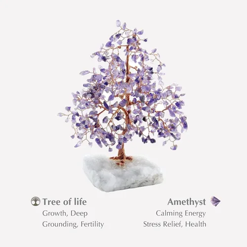 Vista 3 de KARMA AND LUCK Árbol de la vida de Feng Shui con base de cristal blanco Home D cor, hecho a mano en Bali, mediano 8 (amatista)
