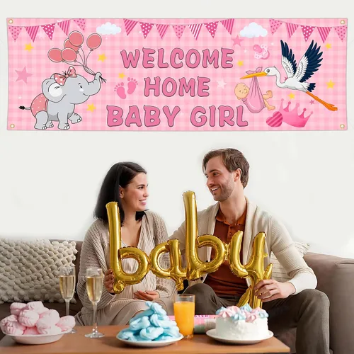 Vista 5 de Banderas de bienvenida a casa para bebé niña para exterior, 24 x 72 pulgadas, doble cara, bandera de "It's a Girl", bandera de pared de baby shower