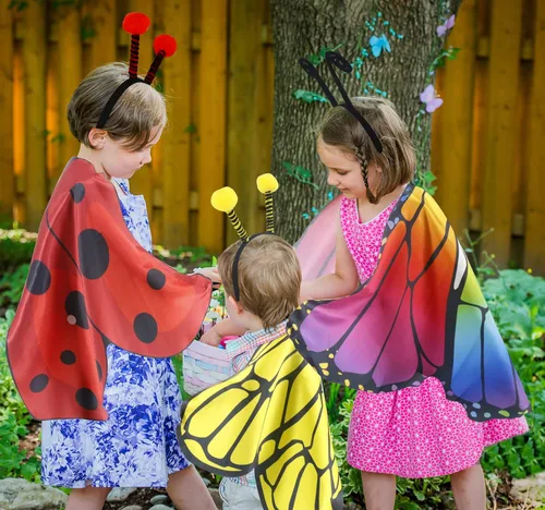 Vista 3 de Creatoy Alas de mariposa de hadas para niños y niñas, disfraz de alas de mariquita, alas de abeja con diadema de insectos, disfraz de niños, fiesta