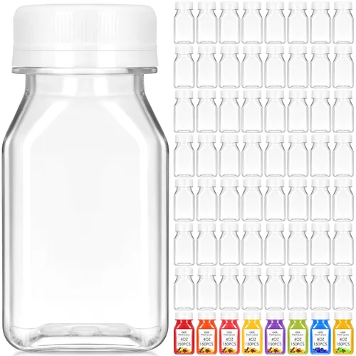 Vista 11 de Gerrii 75 botellas de plástico para jugo de 4 onzas con tapa, pequeñas botellas transparentes reutilizables con tapas, recipientes a granel, aptas
