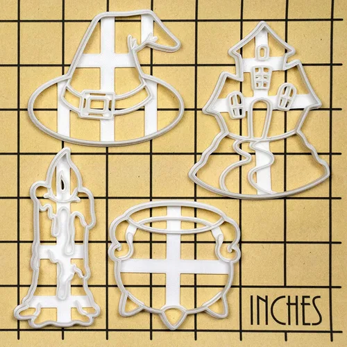 Vista 9 de Juego de 4 cortadores de galletas con temática de brujería (diseños: vela, caldero, sombrero de bruja y casa encantada), 4 piezas - Bakerlogy