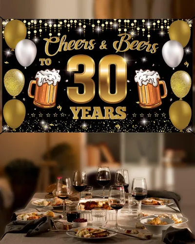 Vista 3 de Cartel de fondo de "Cheers & Beers to 30 Years", decoraciones de feliz cumpleaños 30 para hombres y mujeres, decoración de 30 aniversario
