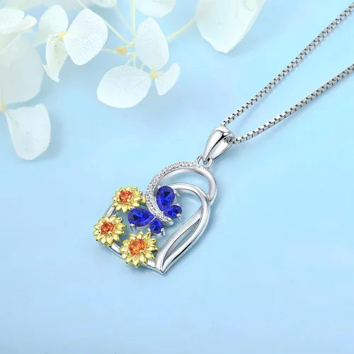 Vista 3 de FJ Collar de corazón de plata maciza con collar de girasoles con piedra de nacimiento de animales de mariposa