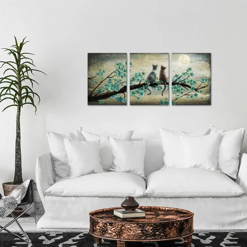 Vista 3 de KREATIVE ARTS Lienzo vintage para pared, diseño de animales descansando con 2 gatos, miran a la luna, 12 x 16 pulgadas, cuadros de pared giclée