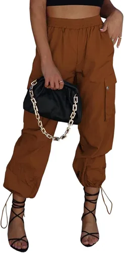 Vista 13 de Pantalones de paracaídas para mujer, cintura alta elástica, pantalones cargo Y2K holgados con 4 bolsillos