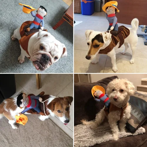 Vista 4 de iSmarten Disfraz de mascota para perro, traje para mascotas, traje de vaquero estilo jinete con muñeca y sombrero, disfraz para mascotas (S)