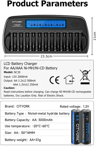Vista 9 de CITYORK - Baterías AA recargables con cargador, paquete de 12 baterías de 3000 mAh doble A Ni-MH de baja autodescarga con cargador LCD de 12 bahías