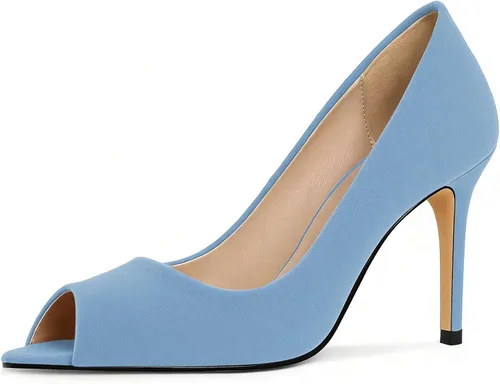 Vista 11 de Eldof Zapatos de tacón alto con punta abierta para mujer, con puntera abierta, para boda, sexy, para novia, clásicos, de 3.5 pulgadas Beige