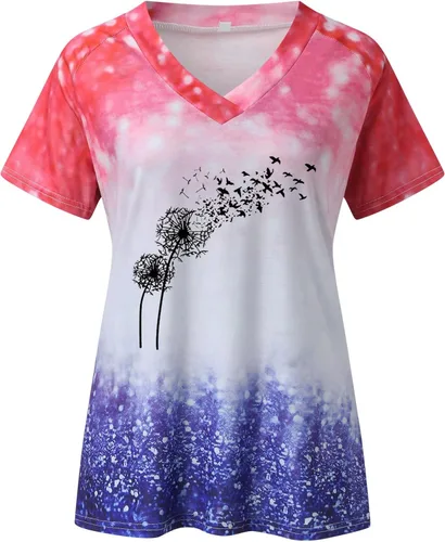 Vista 3 de Women's V Neck Butterfly Print Short Sleeve T Shirt Top Casual Summer Blouse Outer Wear Women Tees & Blouses Tunic Tops