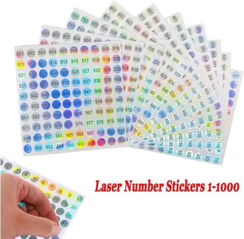 Vista 3 de RIVEENY 20 hojas de calcomanías de números láser reflectantes impermeables número 1-1000, calcomanías redondas autoadhesivas, etiquetas