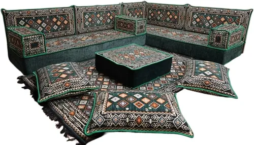 Vista 27 de arabicsofa Juego de asientos Jalsa en forma de L – Majlis árabe hecho a mano con almohadas de respaldo