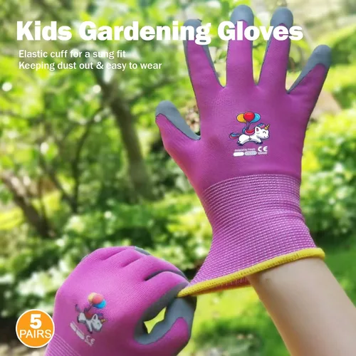 Vista 5 de KDK 5 pares de guantes de jardinería para niños, guantes de trabajo para el patio, guantes de trabajo para niños, guantes de seguridad suave